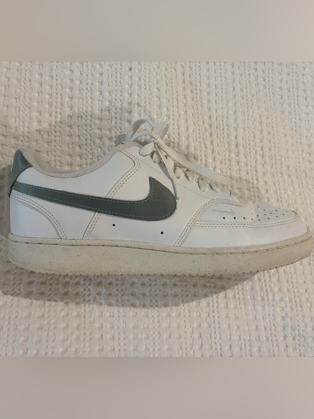 Nike Women’s Court Vision Low Next Nature - White with Sage Swoosh. Size 10